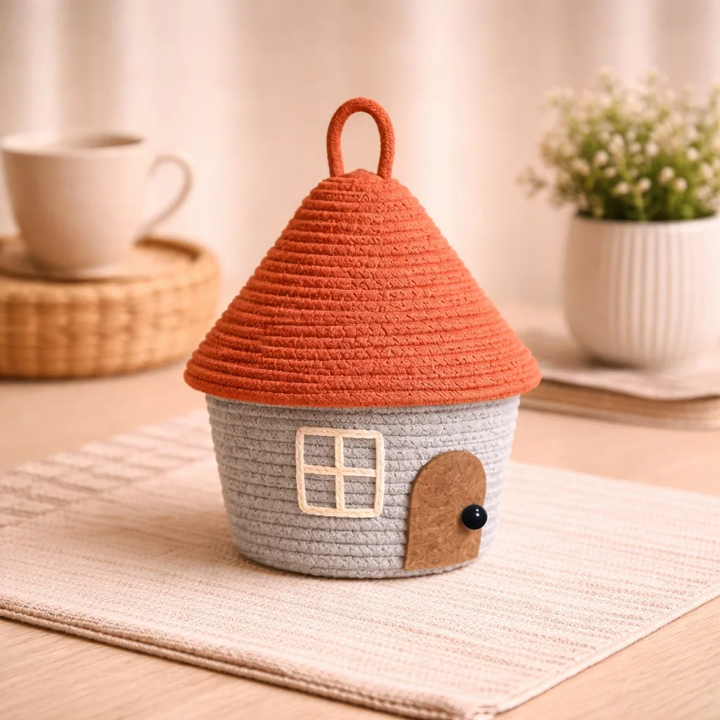 Cotton Rope Woven Storage Basket With Lid Cute Dustproof Desktop Organizer Box For Cosmetics Sundries Home Decor
