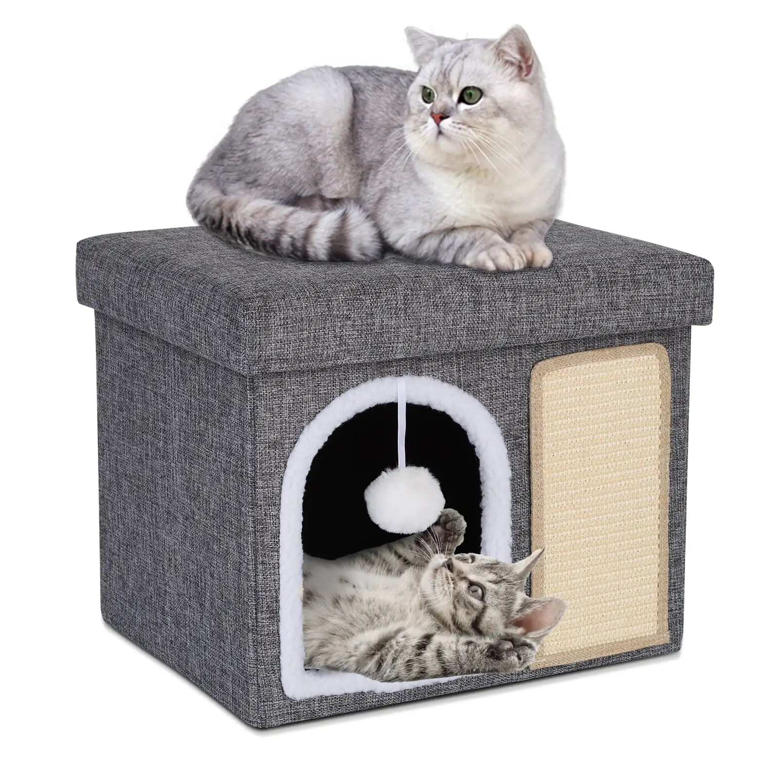 

Cat Bed for Indoor Cats,Pet Cat House Cube Kitty Cat Cave Bench Bed Furniture with Scratch Pad and Fluffy Hanging Ball