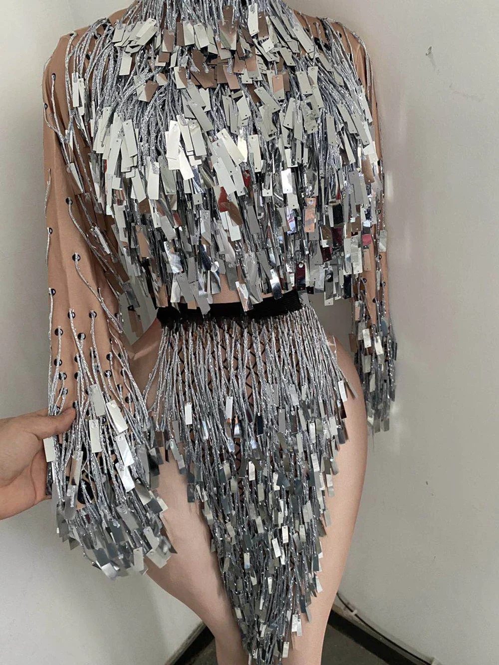 Flashing Silver Sequins Fringe Split Dress Women Nightclub Dance Costume Performance Stage Show Clothes Birthday Rave Outfit