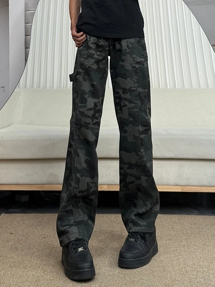 

Retro American Camouflage Men's Jeans High Waist Straight Leg Long Leg Effect Autumn High Street Logging Workwear Pants