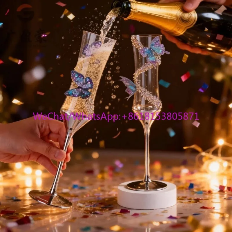 Light luxury finished product butterfly decoration sparkling champagne cup crystal glass tall engagement gift
