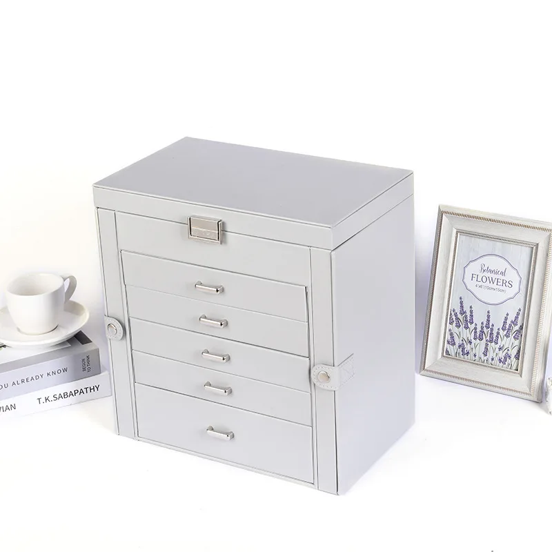 صندوق تخزين مستطيل ذو سعة كبيرة مكون من 6 طبقات، درج فاخر متعدد الطبقات للقلادة والقرط والإكسسوارات وصندوق تخزين المجوهرات