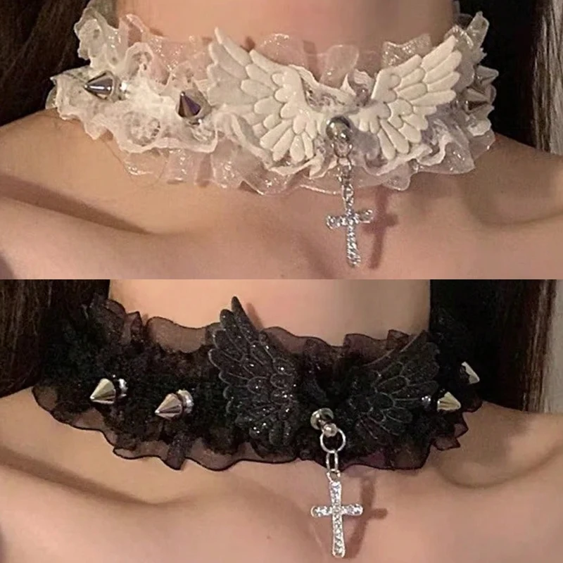 Naszyjnik Choker Vintage z Kokardą, Gotyckim Sercem, Czarno-Białą Koronką i Skrzydłami, Biżuteria Lolita dla Kobiet i Dziewcząt