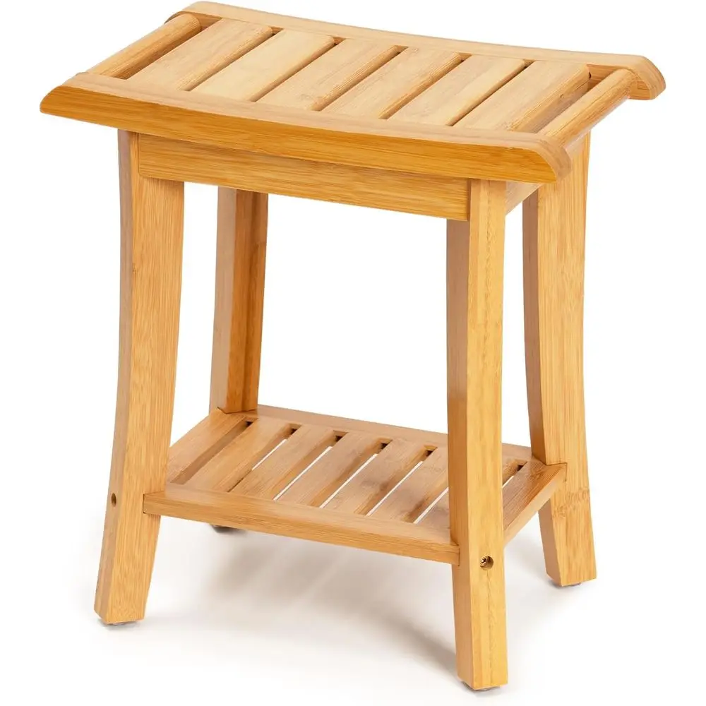 

Natural Bamboo Shower Bench with Storage Shelf, Ideal for Spa, Bath, and Outdoor Use for All Ages
