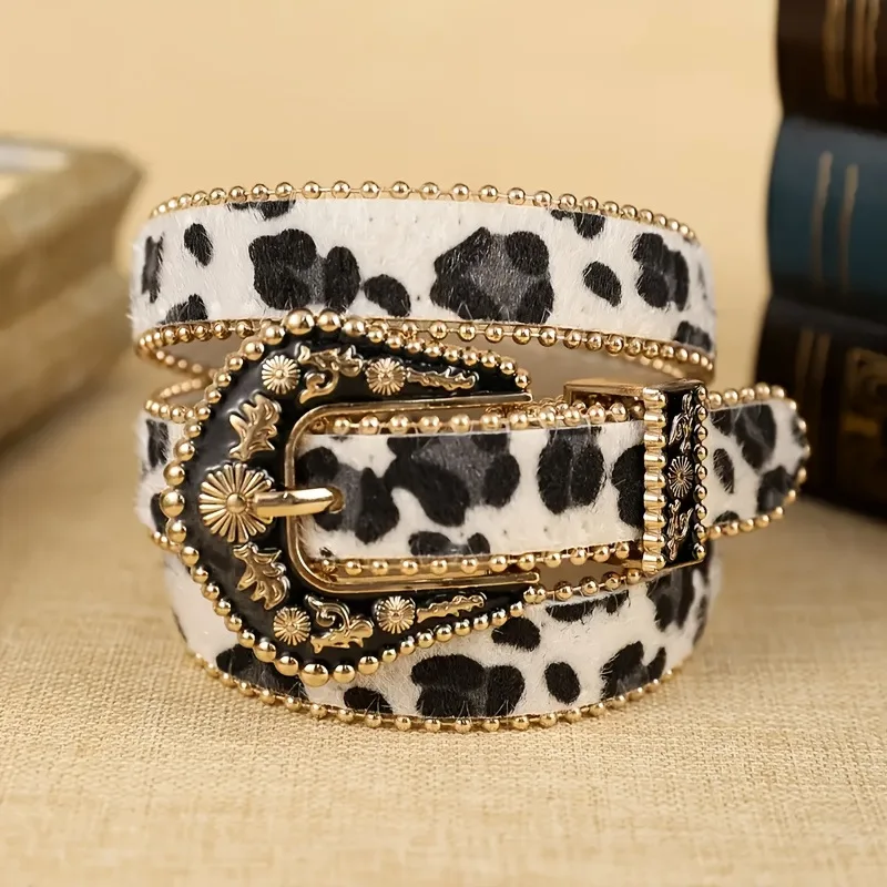 

Винтажный резной женский ремень с леопардовым принтом, индивидуальный стиль Y2K, замшевый ремень из искусственной кожи в стиле вестерн, ковбойский дизайнерский модный ремень