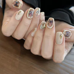10Pcs Finished Handmade Fake Nails with Pearl Short Ballet Nail Tips Wearable Butterfly Press on Nails Full Cover False Nail