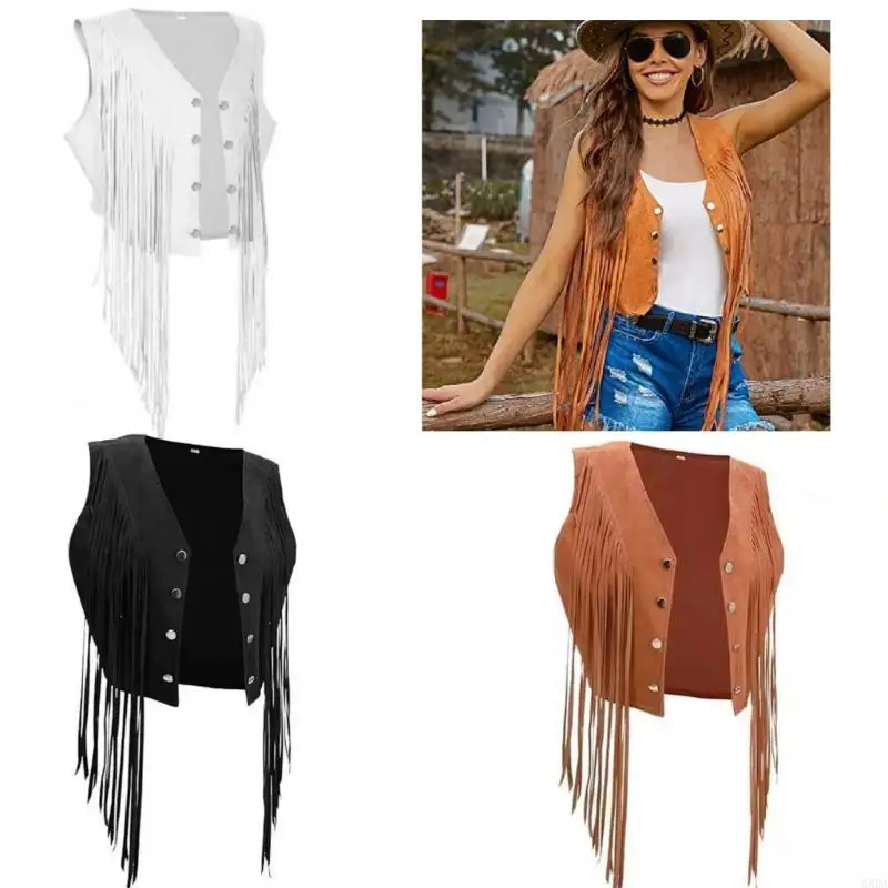 

Women's Sleeveless Fringe Vest Tassels 70s Hippie Outfit Cropped Costume Cardigan Cowgirl Top for Festivals Party 6XDA
