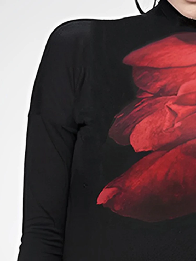 Female Stylish Printed High Neck T-Shirts 2024 New Autumn Winter Long Sleeves Loose Fit Casual Pullovers Tops For Women