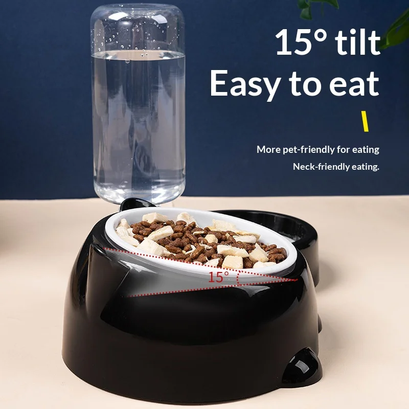 Pet Bowl 2-in-1 Auto Water Feeder, Tilted Elevated Cat Dog Bowl for Food & Water, Anti-Choking Slow Feeder Dish for Pets