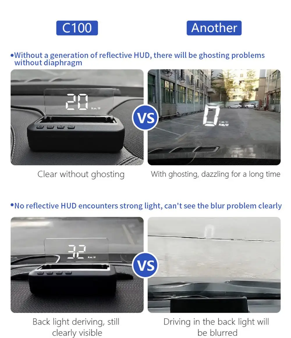 C100 OBD2 HUD Spiegel Head-Up-Display Digitaler Geschwindigkeitsalarm Wassertemperatur-Voltprojektor mit KM/H MPH Fahrzeugelektronik-Zubehör – Detail 13