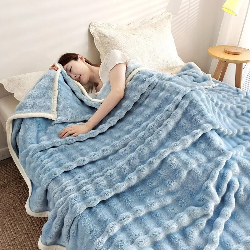 Flannel Rabbit Fur Solid Color Bed Blanket Nap Cover Soft Sofa Blanket Coral Fleece Cover for Room Linens Home Bedroom Gift