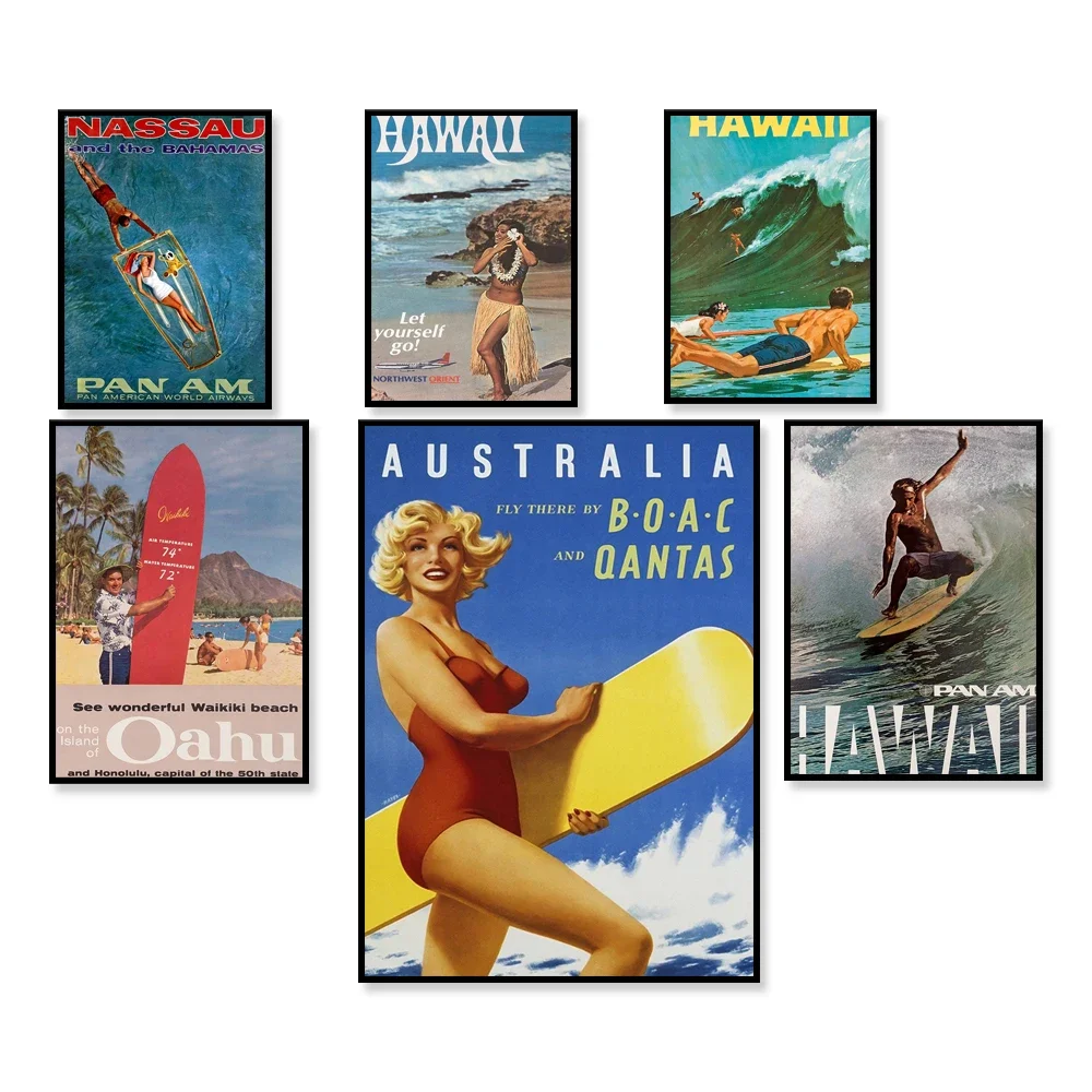 Vintage Hawaii Travel Poster Decor Surfing Art Retro Decor Print