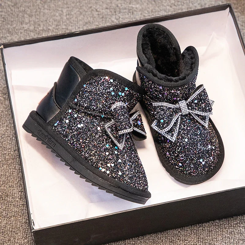 Girls Snow Boots Rhinestone Sequins Kids Fashion Winter Boots Princess Child Winter Cotton Plush Glitter Boots with Bow Classic