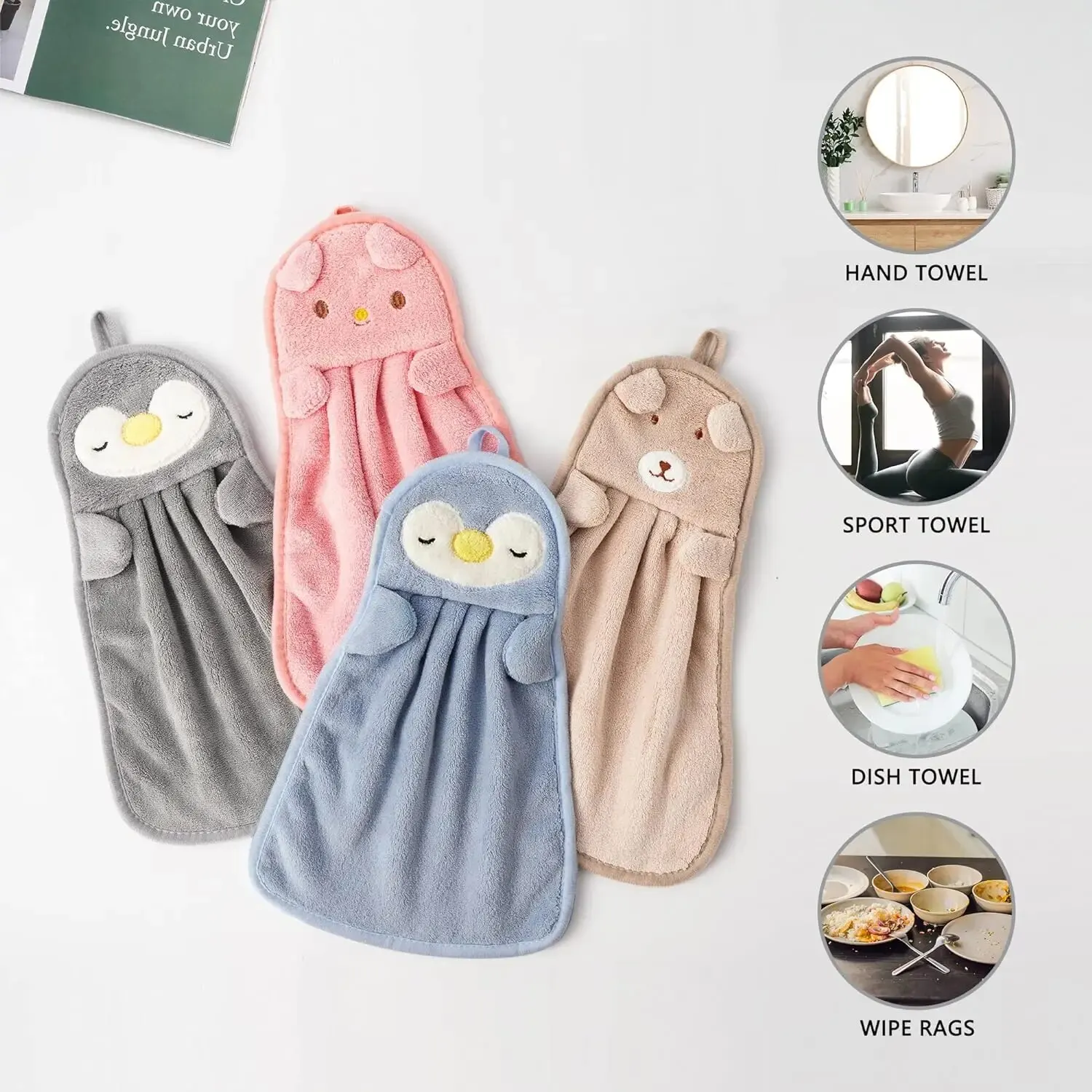 Cute Animal Kids Toddler Hand Towels for Home Bathroom Kitchen with Hanging Loop