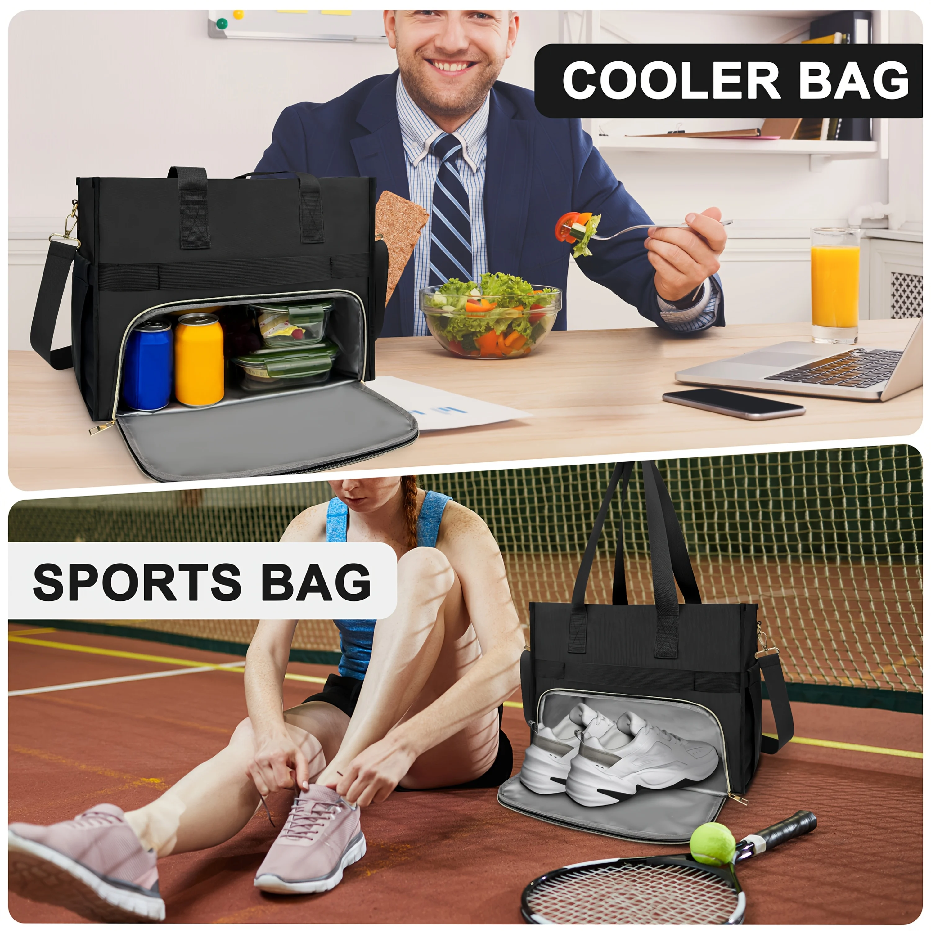 حقيبة غداء معزولة للنساء مع حجرة كمبيوتر محمول مقاس 15.6 بوصة وجيب جانبي سعة 40 أونصة، حقيبة عمل من قماش أكسفورد للمكتب والمدرسة