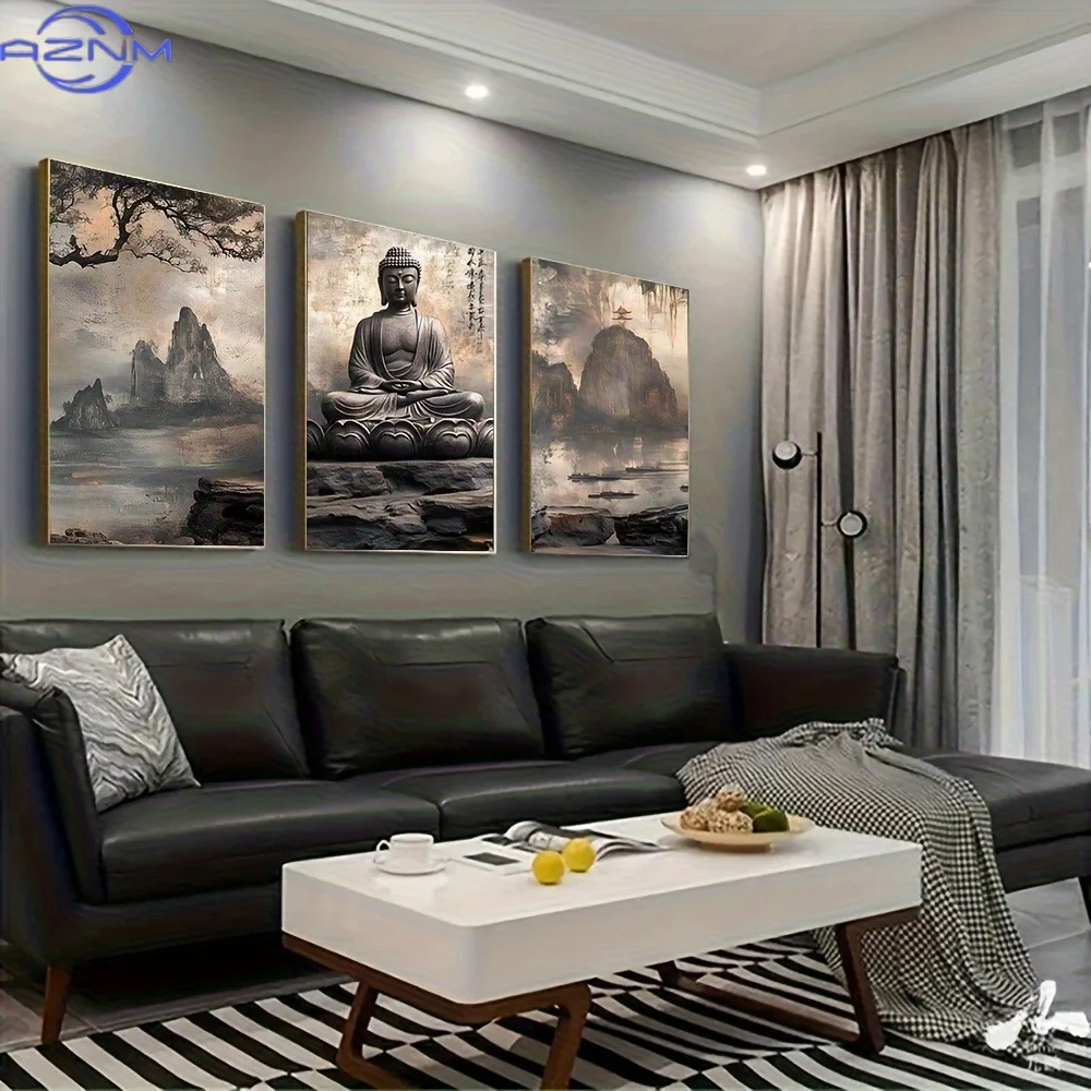 Juego de 3 Cuadros Decorativos sin Marco Estilo Asiático con Imagen de Buda Meditando, Pintura en Lienzo de Gran Tamaño, para Sala de Estar, Dormitorio, Comedor, Oficina