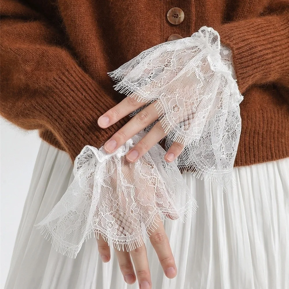 

Adjustable Lace Floral Cuffs Stretchable Pleated Design Pleated Fake Sleeves White Black Detachable Wrist Accessories