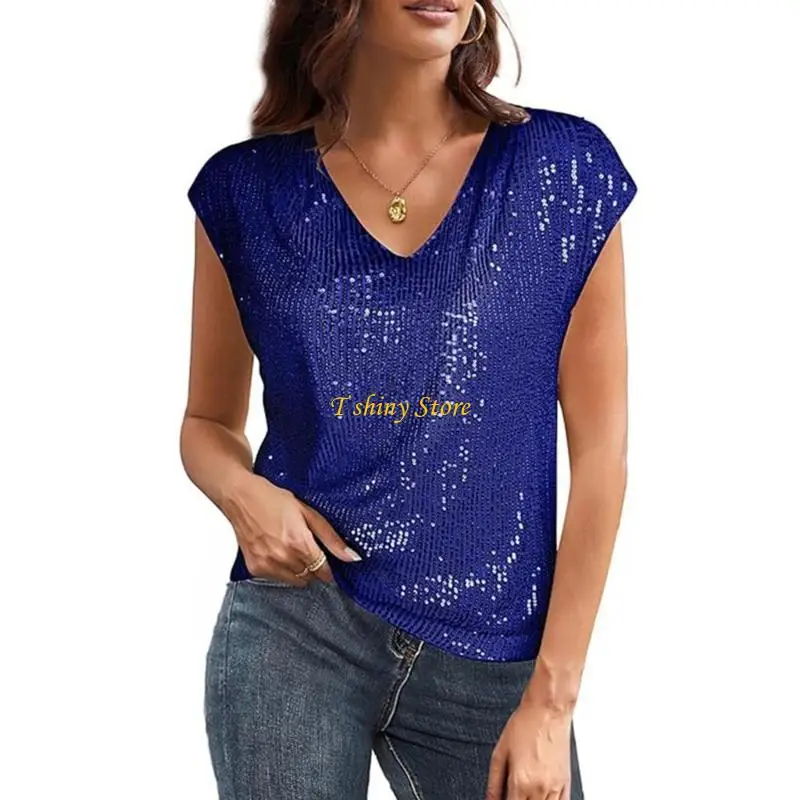 

N58F Women's V Neck Sequins Tee Short Sleeve Sparkling T-Shirt Glittering Tank Top Night Out Blouse for Club Parties Event