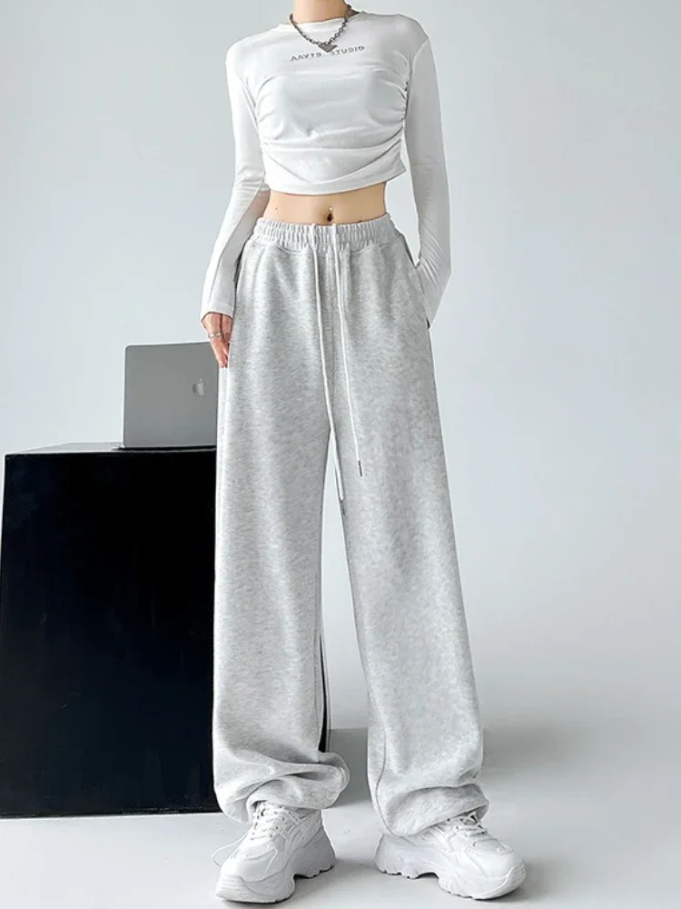 الخريف الشتاء السراويل الرياضية النساء الأمريكية الرجعية عالية الخصر مستقيم Sweatpants عادية فضفاض مرونة الخصر الرباط السراويل الرمادية