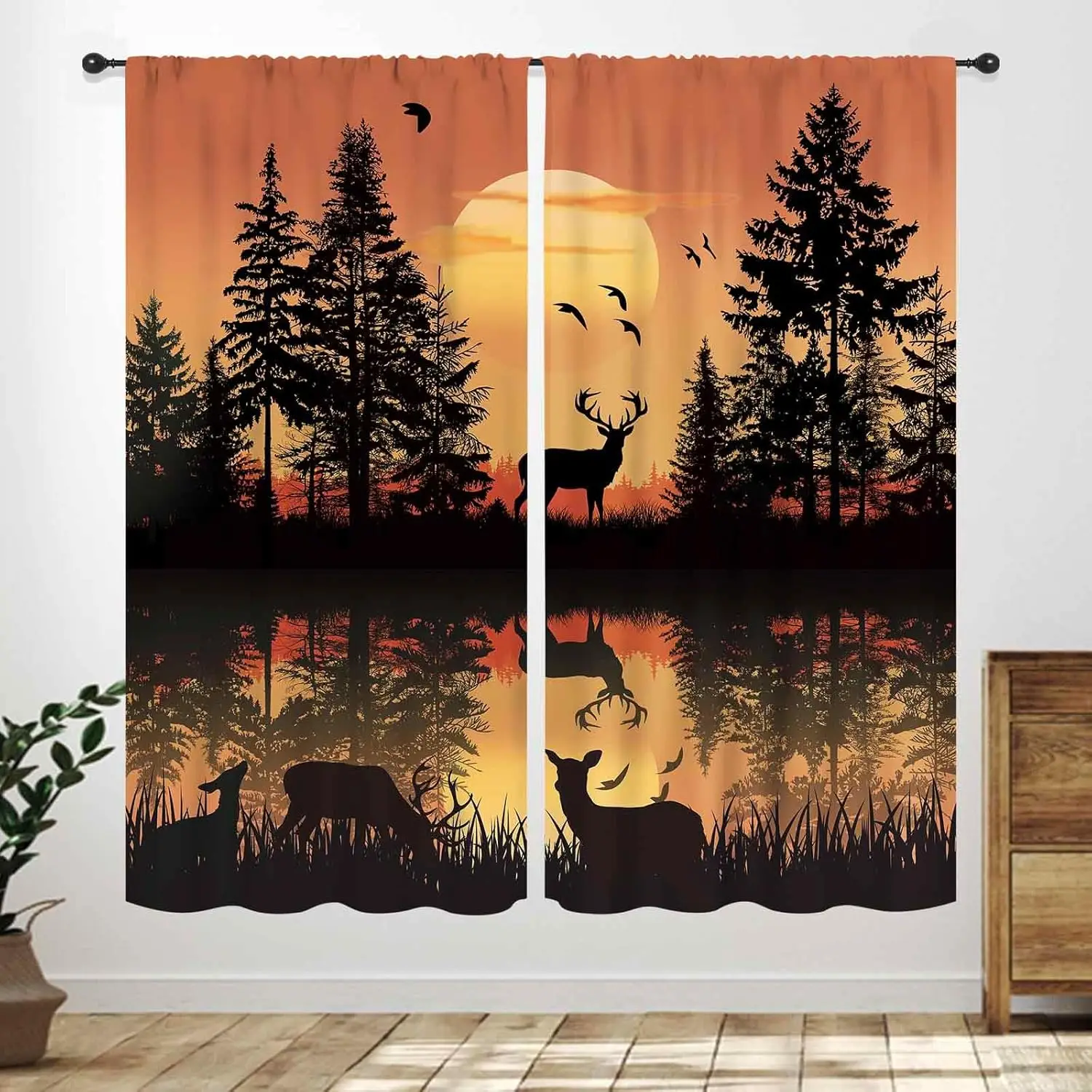 Forest Cabin Kitchen Curtains,Farmhouse Country Wild Animal Deer Vintage Orange Misty Forest Nature Mountain Window Treatments