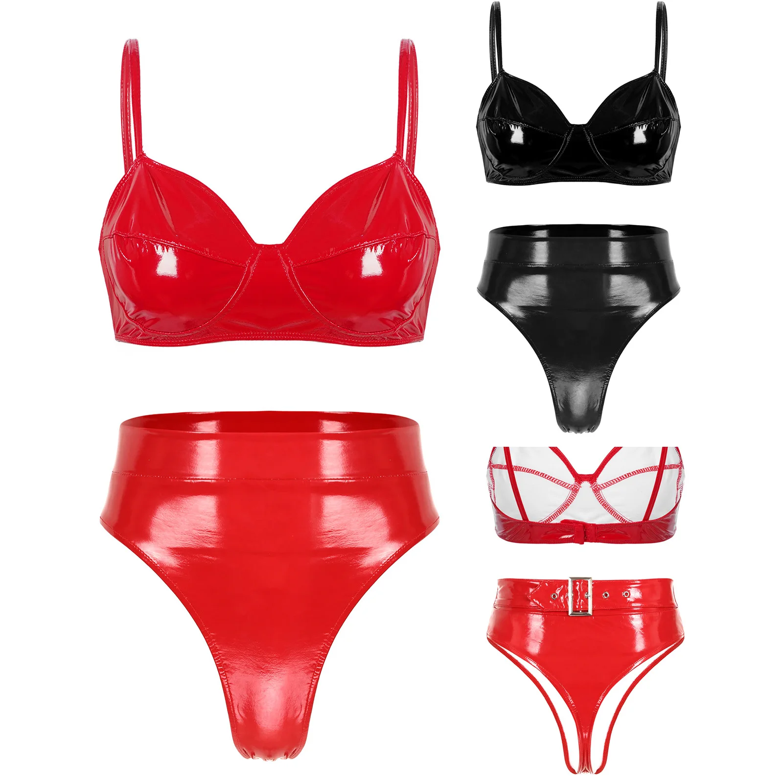 Womens Sexy Patent Leather Lingerie Wet Look Bra Top with High Waist Briefs Panties Underwear Pole Dancing Stage Party Clubwear