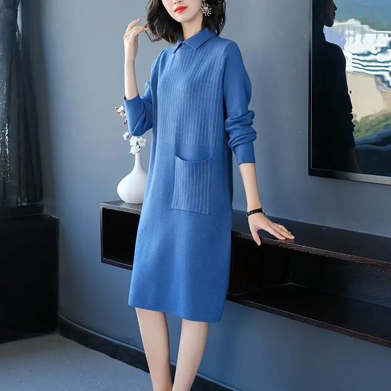 

Women Autumn Dress 2022 New Turn Collar Patchwork Pockets Knitting Sweater Loose Straight Knee-Length Female Bottom Clothes