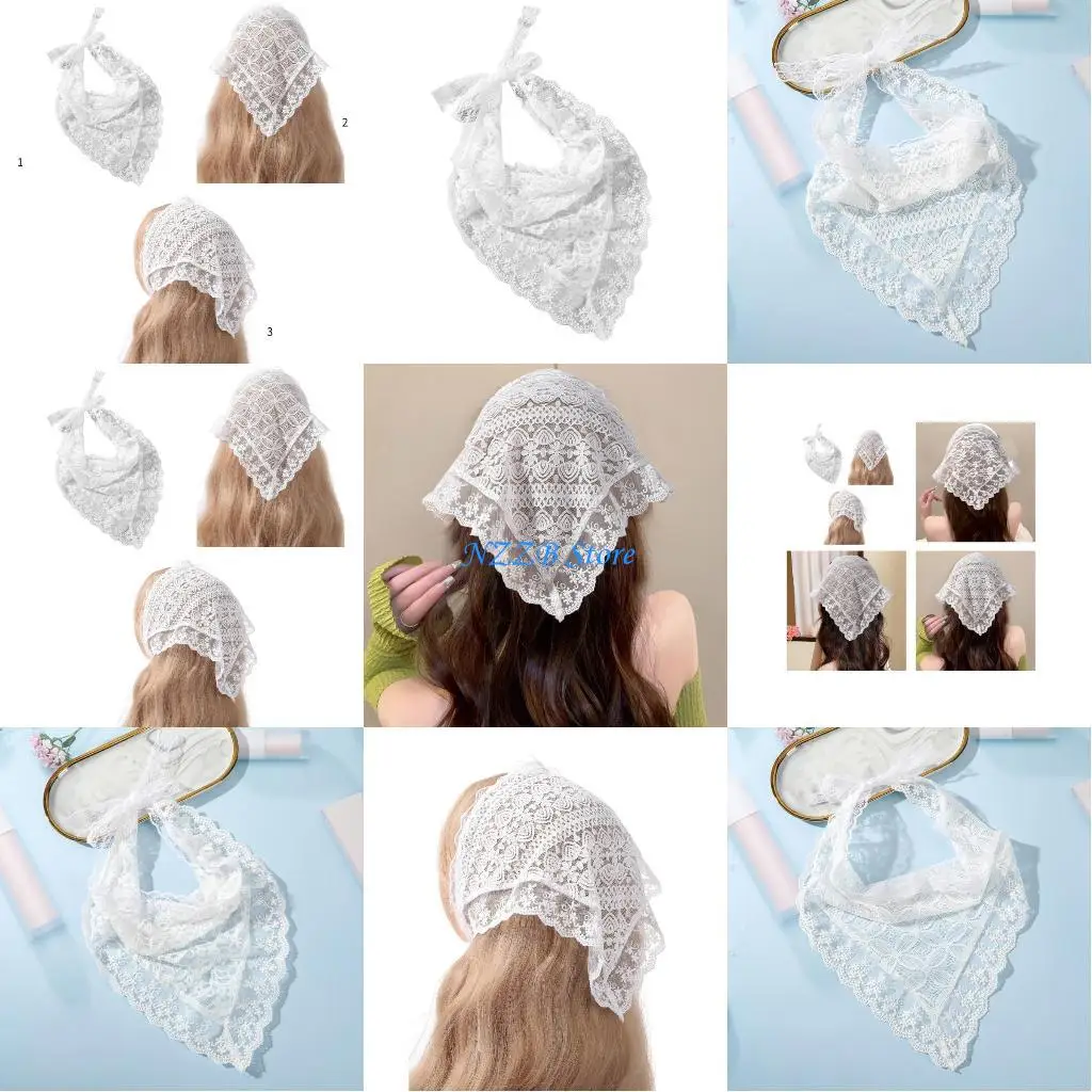 

T21F Breathable Women Sunproof Bandana Lace Triangle Headband with Flower Pattern