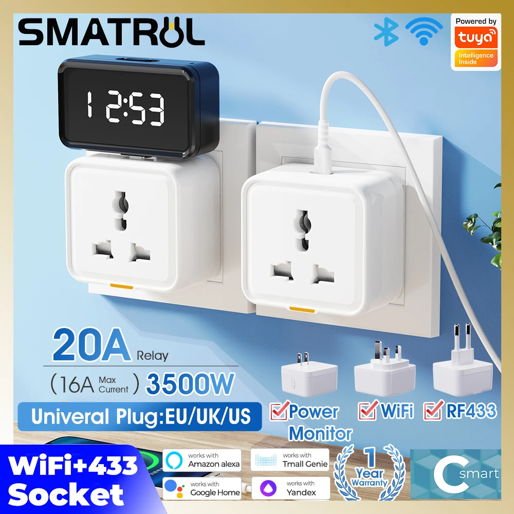 

SMATRUL Tuya Умный дом Беспроводная розетка WIFI 3500 Вт / 3300 Вт Великобритания ЕС США Универсальная 16А Универсальная розетка для путешествий Монитор питания