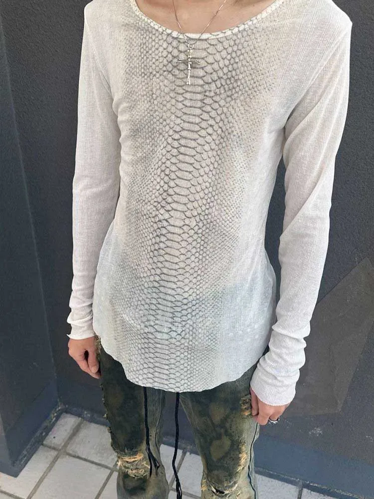 Y2k Snakeskin Print T-shirt Grunge Aesthetics Long Sleeve Knitted Tops Vintage 2000s Streetwear American Retro