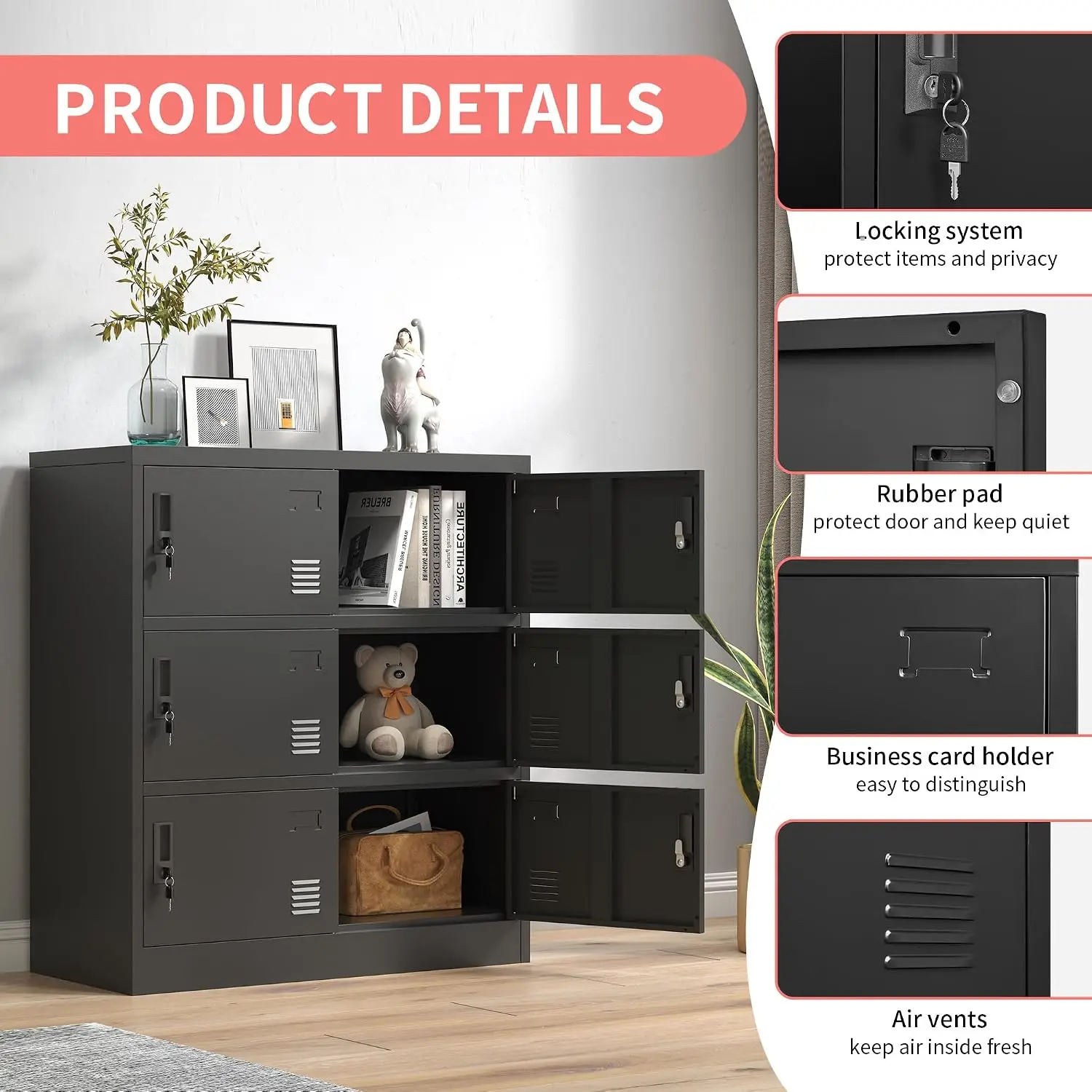 Metal Lockers For Employees Office Storage Locker With Doors Steel Staff Locker Storage Cabinet For Gym Home School Garage Organization Black view 5