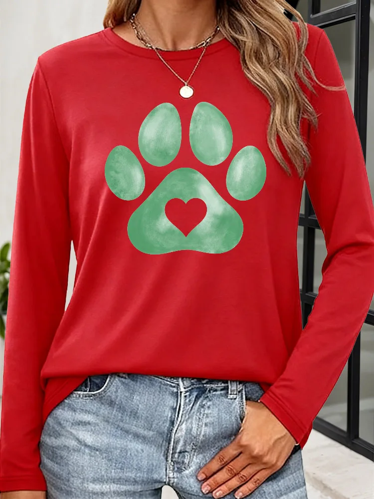 T-Shirt à manches longues et col ras du cou pour femme, décontracté, imprimé patte verte feuille, tissu mélangé respirant, pour printemps et automne