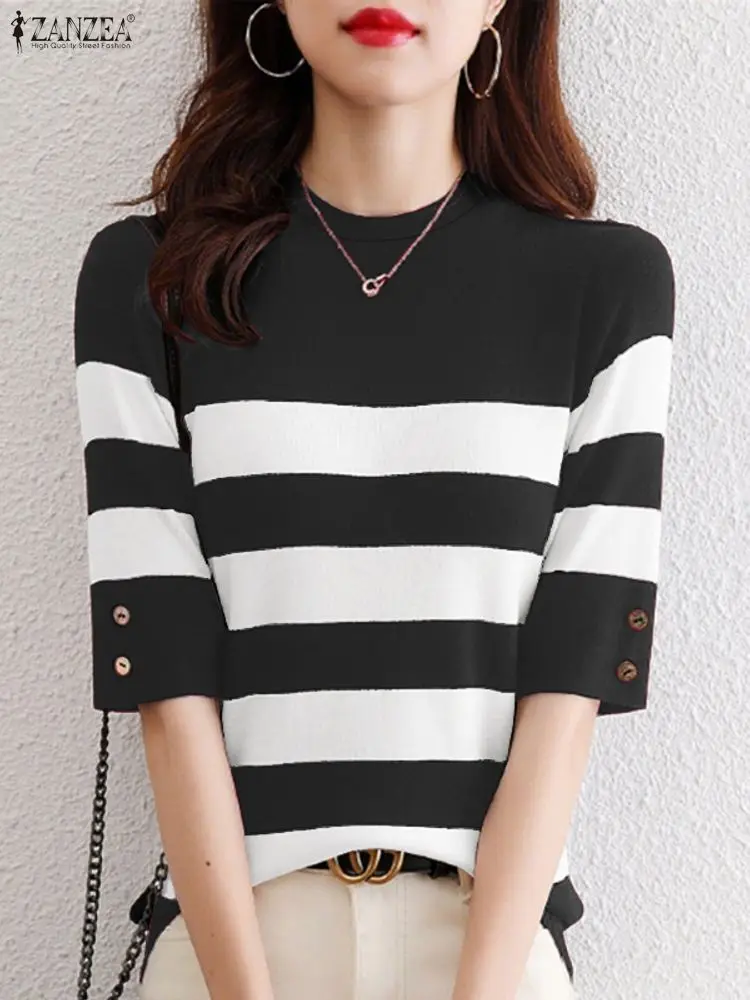 ZANZEA المرأة مخطط التباين اللون البلوزات عادية س الرقبة نصف كم أزرار تي شيرت الخريف الكورية موضة ملابس امرأة 3XL #4