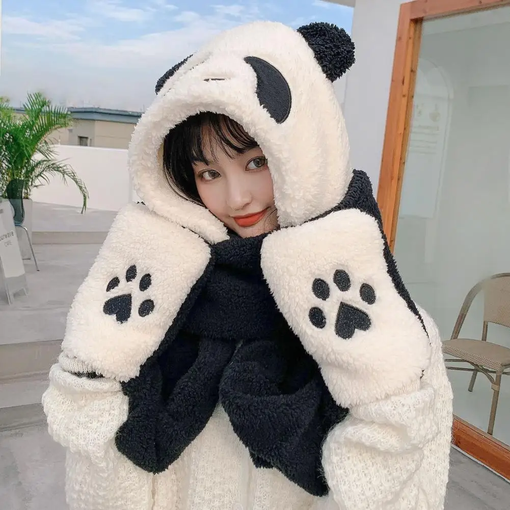 Plush Hat Cute Panda Shape Bear Claw Decor 3 in 1 Keep Warm Thickened Windproof Winter Women Scarf Gloves Cap for Outdoor