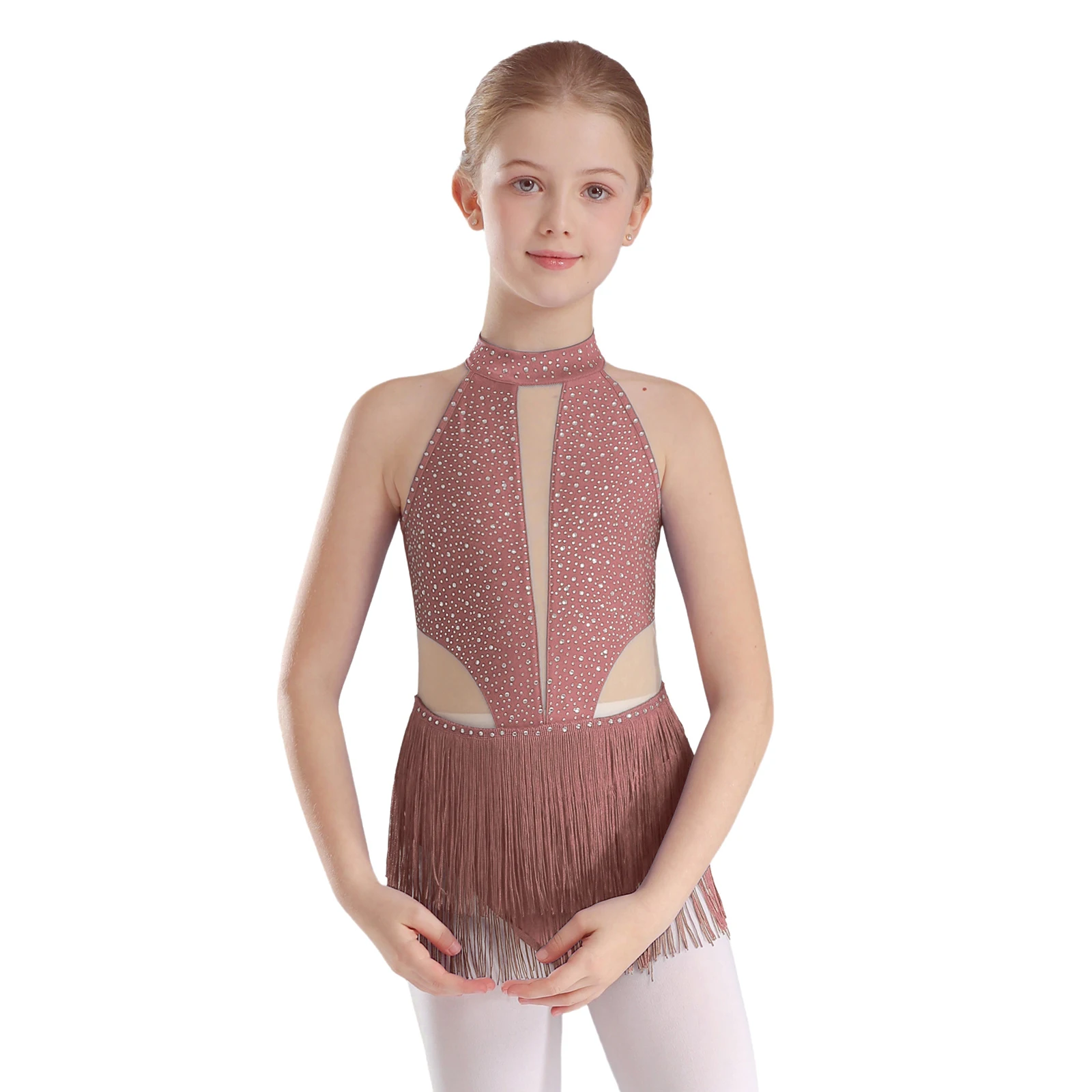 Kids Girls Sparkly Rhinestone Latin Dance Leotard Sleeveless Backless Fringed Bodysuit Stage Performance Competition Jumpsuit