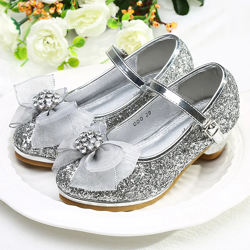 IYEAL Children Girls Sequined Glitter Shiny Shoes Snow Queen CBowknot Shoes High Heels Shoes for Girls Princess Party Dance Shoe