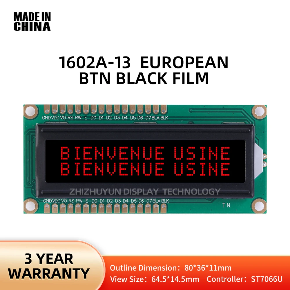 LCD1602A-13 European Character Dot Matrix Screen BTN Black Film Red ST7066U Controller 5V 3.3V Support Solution Development