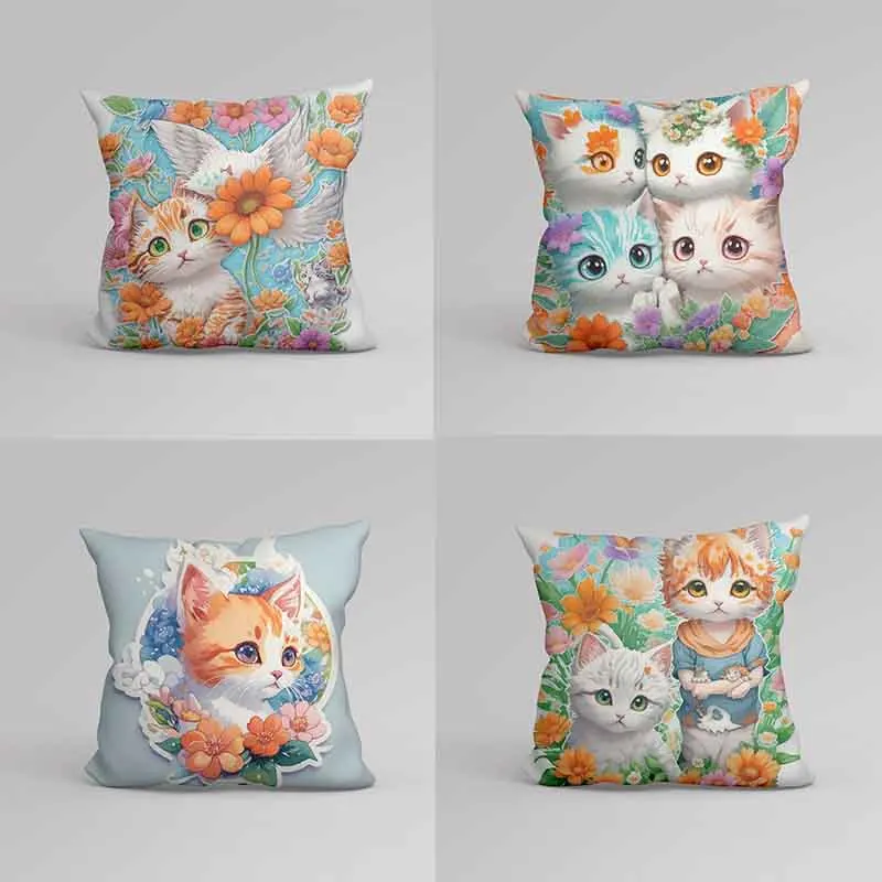 Bohemian Style Digital Print Cushion Decorative Cushion Cute Cartoon Style Cat Pillow Cover