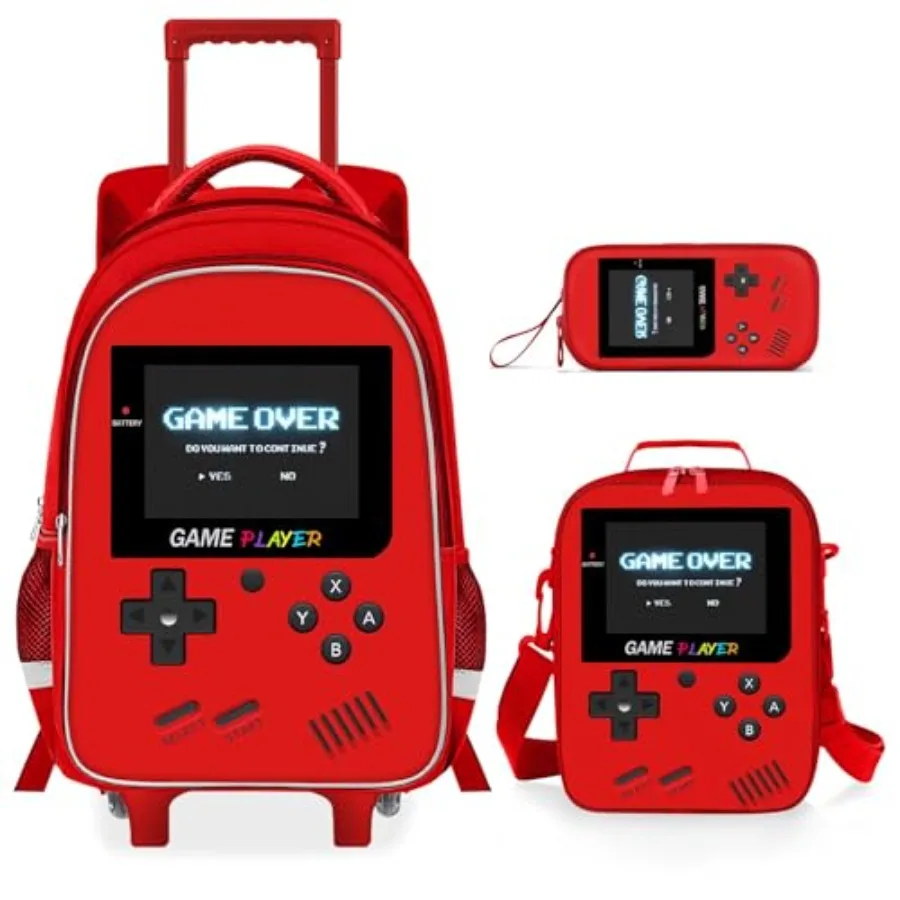 

Rolling Backpack for Boys - 3PCS Gamer Boys Rolling Backpack with Lunch Bag Set, Elementary Middle School Roller Bookbag with A