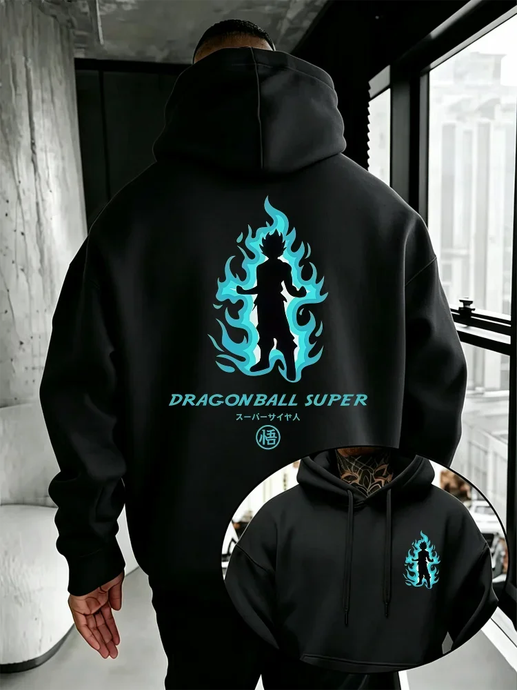 Dragon Ball Super Goku Hoodie, Kapuzenpullover mit Kordelzug, Super-Saiyajin-Silhouette, Vorder- und Rückseiten-Druck, Anime-Streetwear-Pullover
