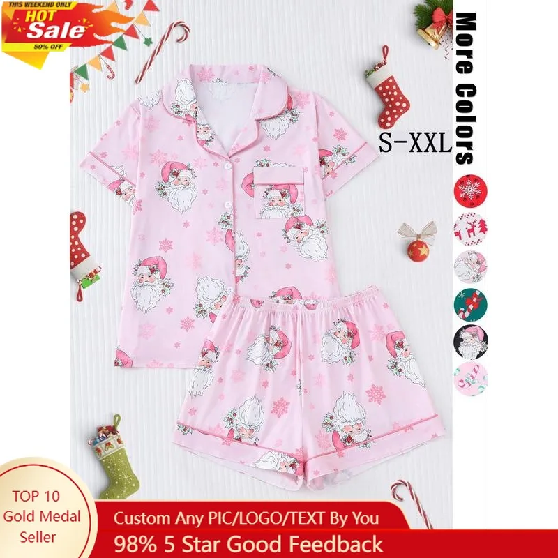 

Рождественский женский пижамный комплект, мягкая ткань, принт Санта-Оленя, рубашка на пуговицах спереди, эластичные шорты, праздничная вечеринка
