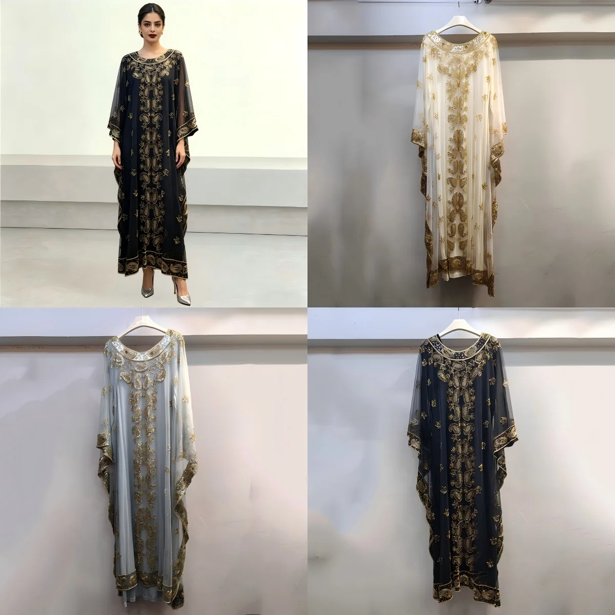 Elegant Black Chiffon Abaya Gold Paisley Embroidery Beaded Kaftan Batwing Sleeve Muslim Modest Maxi Dress for Women Eid Party