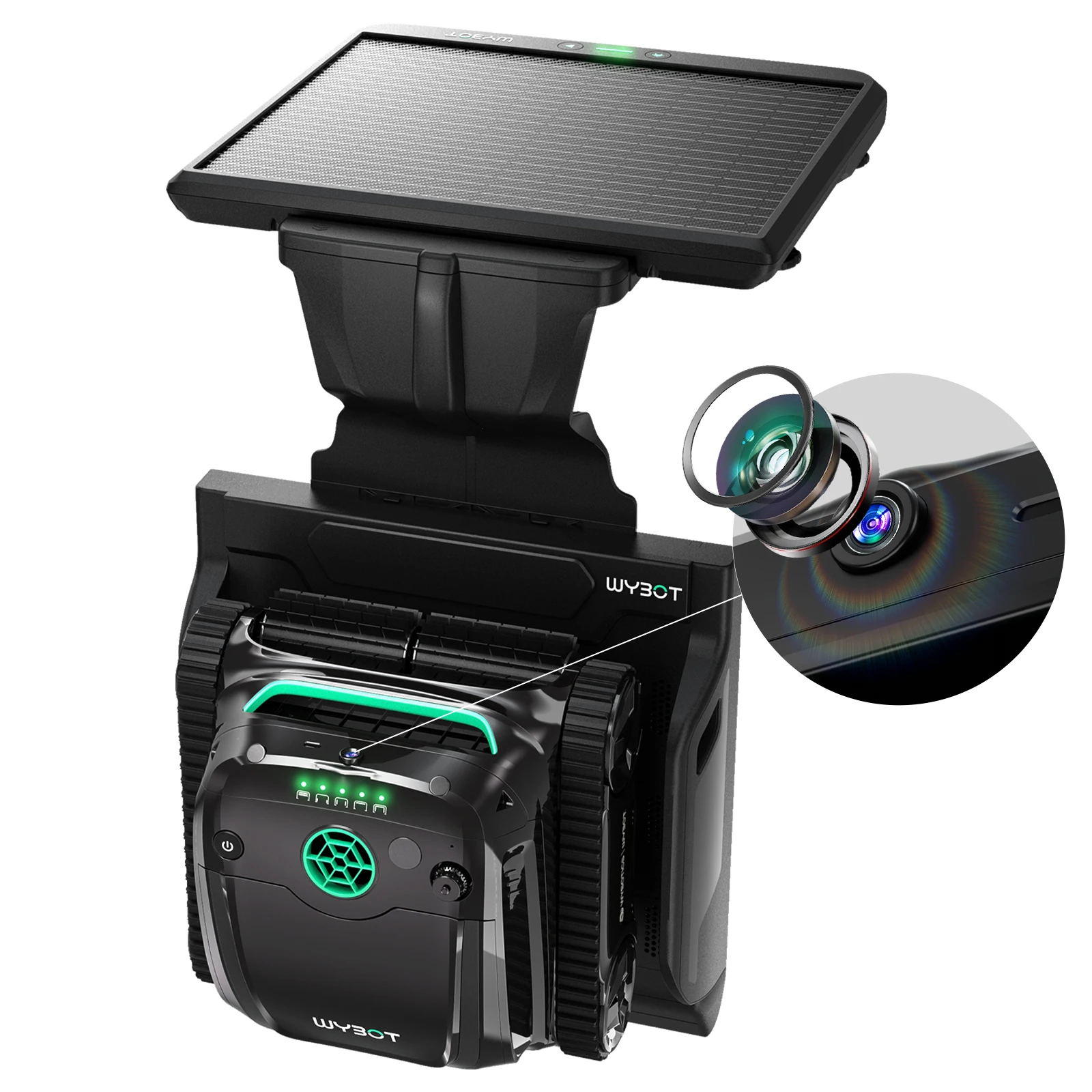 Nettoyeur de piscine robotisé WYBOT S2 Solar Vision, algorithme de vision IA, retour automatique à la station de charge, double charge, nettoyage programmé, adsorption 3D pour piscines enterrées (Noir & Vert)
