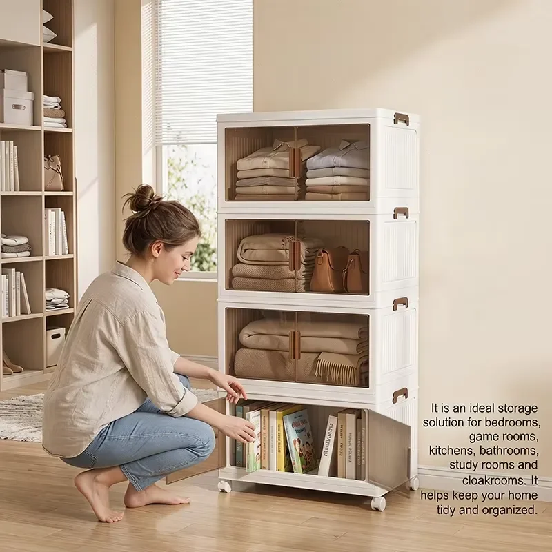 Foldable plastic storage box with wheels, covered wardrobe storage box, stackable household storage box