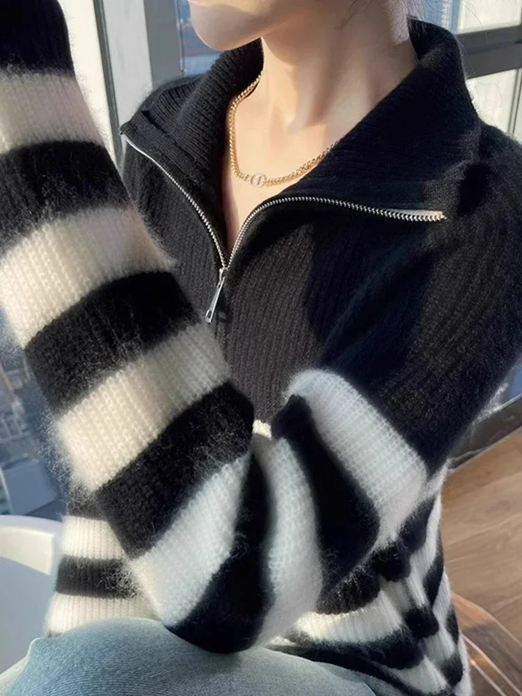 Women Velvet Striped Sweater White Turtleneck Half Zipper Stand Collar Thickened Angora Inner Wear Base Knit Cardigan Winter Top