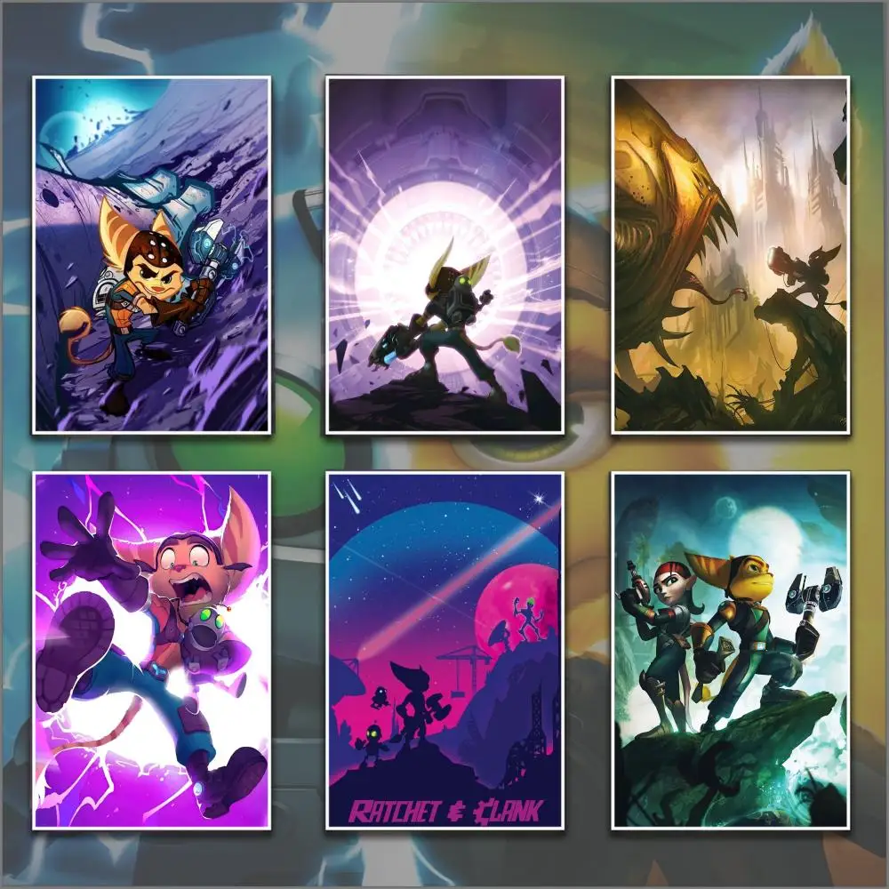 Póster de arte de dibujos animados de Ratchet N Clank, arte de pared adhesivo, impresión impermeable, decoración estética para el hogar, sala de estar y dormitorio