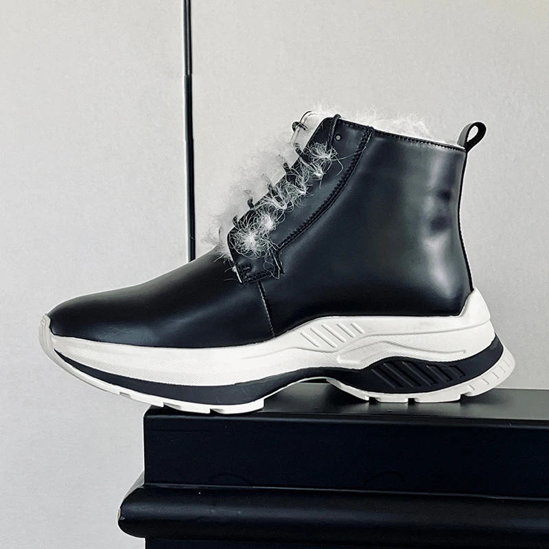 

New Winter Wool Fashion Height Increase Thick Sole Warm Snow Boots Men Cotton Shoes Casual Sport Lace Up Genuine Leathe Boots