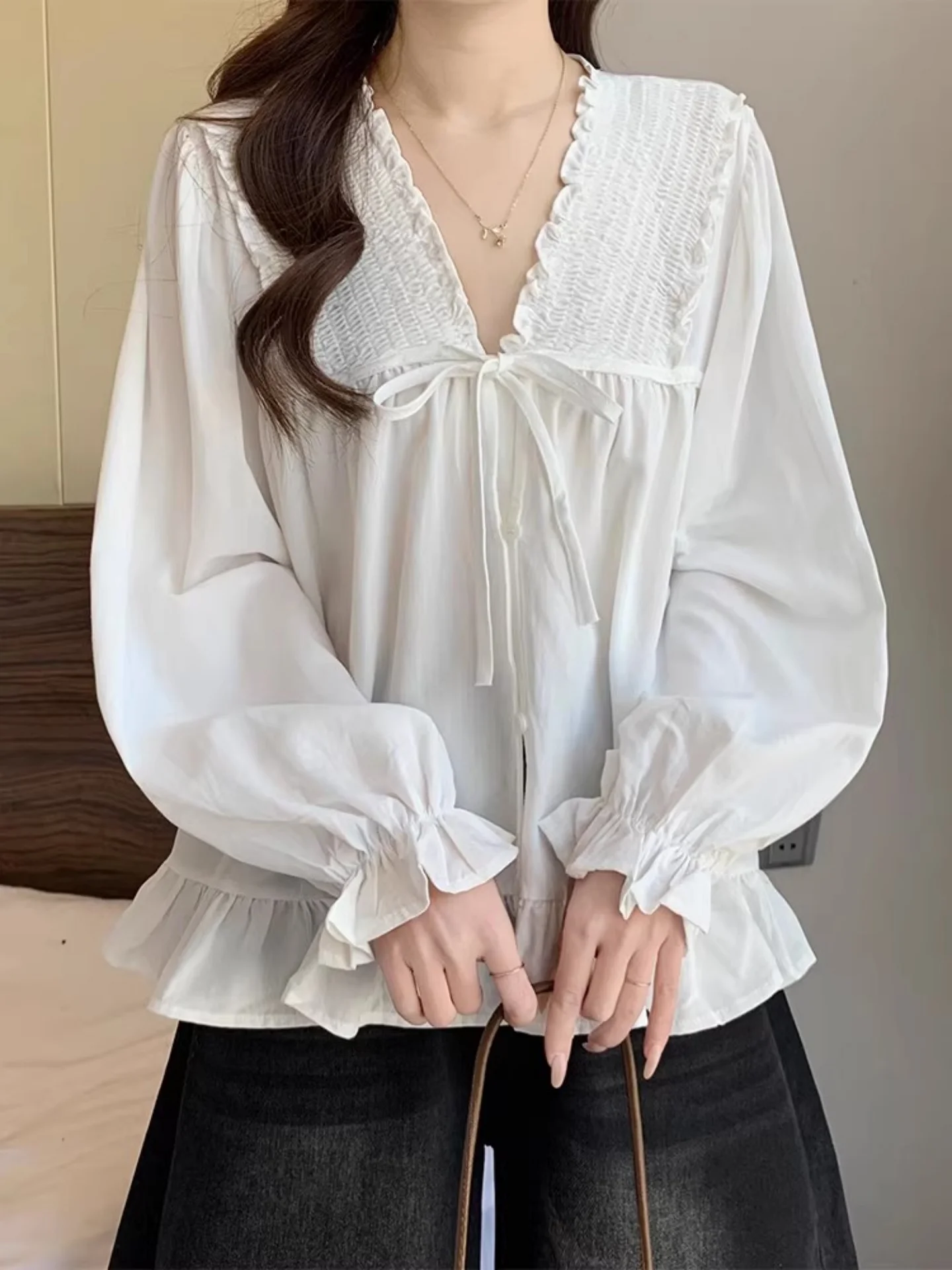 

Женская свободная повседневная блузка V-Ne Long Sve белого цвета больших размеров, весна 2026, в корейском стиле, свободного кроя, для повседневного образа