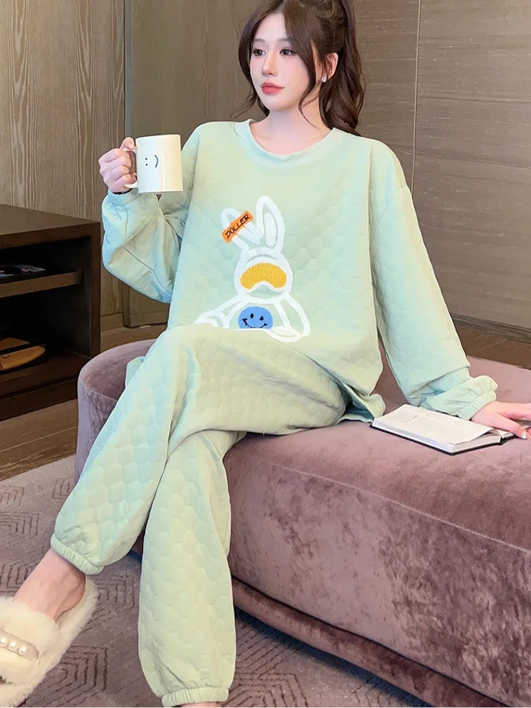 Plus Size Autumn Winter Warm Pajamas Womens Air Cotton Long Sleeves Thickened Loungewear Set Top and Pants Soft Fleece Home Suit