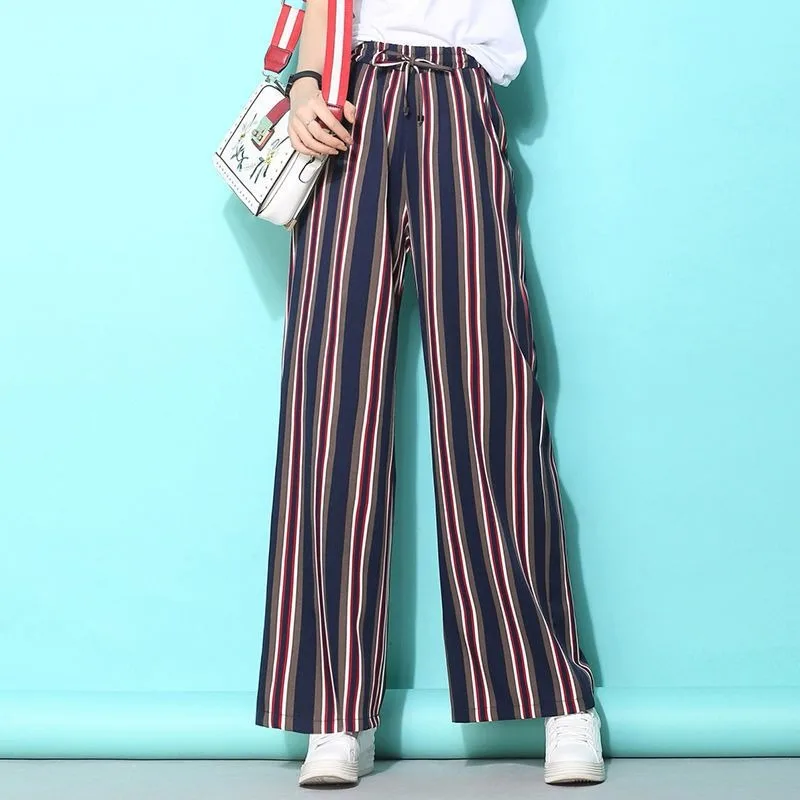 Summer Thin Stripe Wide Leg Pants Women Oversize 3xl Fashion Elastic High Waist Baggy Pantalones Office lady Straight Trousers