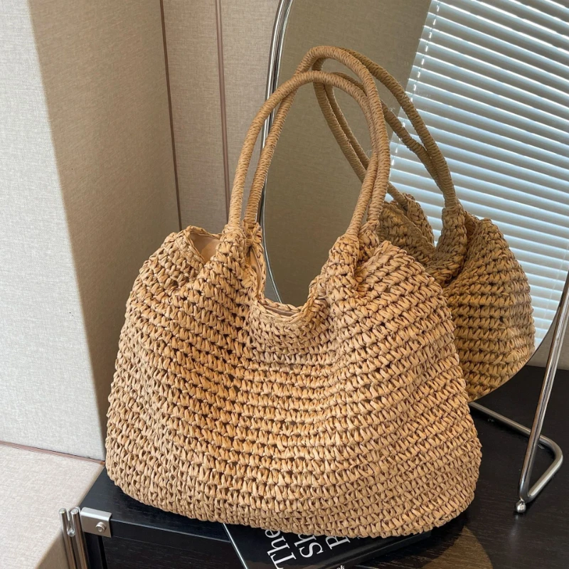 

Handmade Crochet Straw Tote Bag Women Large Capacity Shoulder Bag Woven Material Summer Beach Vacation Boho Style Casual Handbag